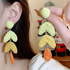 Handmade colorful raffia woven heart-shaped drop earrings with silver needle posts