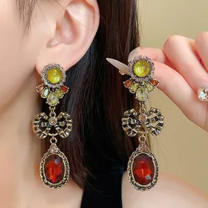 Vintage Hong Kong Style Bowknot Oval Rhinestone Inlaid Drop Earrings Alloy Long Elegant Earrings For Women Party Jewelry