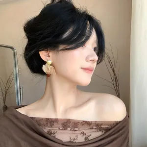 French Vintage Fabric Flower Resin Geometric Stud Earrings 925 Sterling Silver Post Alloy Handmade Jewelry Women Gift