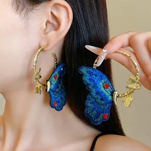 Vintage Alloy Hoop Earrings With Embroidery Butterfly Rhinestones 925 Sterling Silver Post Blue Gold Jewelry Gift
