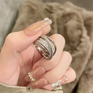 Fashion Copper Multi-Layer Crisscross Open Ring For Women Korean Minimalist Zirconia Inlaid Adjustable Silver Finger Ring Jewelry Gift