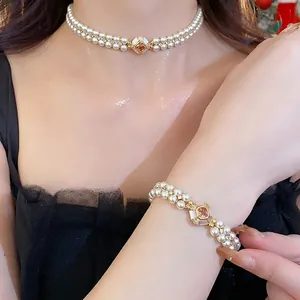 18k Gold Plated Brass Artificial Pearl Zirconia Jewelry Set For Women Elegant French Retro Geometric Pendant Necklace Bracelet Earrings Wedding Party Jewelry Gift