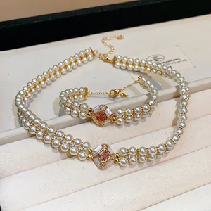 Elegant 18k gold plated pearl jewelry set including necklace and bracelet with zircon