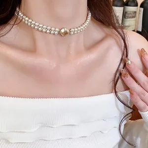 Elegant 18k gold plated double strand pearl choker necklace with zircon centerpiece