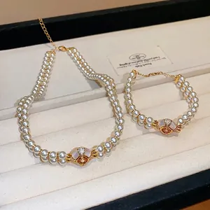 Elegant 18k gold plated double-row pearl necklace and bracelet set with zirconia