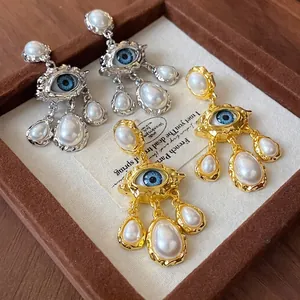 Vintage Court Style Evil Eye Drop Earrings For Women Pleated Metal Artificial Pearl Tassel Earrings Jewelry With Silver Earring Post