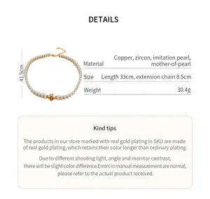 Detailed view of 18k gold plated zircon pearl necklace with material and size specs