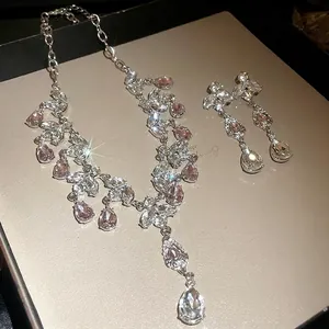 Parure Collier Et Boucles D'Oreilles De Luxe En Alliage Avec Strass Feuille Goutte D'Eau Gland Pour Femme Argent Rose Bijoux