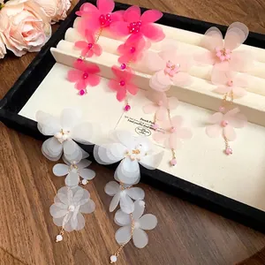 Orecchini Freschi Dolce Chiffon Fiore Nappa Elegante Perla di Vetro Orecchini Lunghi Pendenti Con Perno in Acciaio per Donna Gioielli Regalo