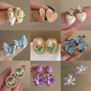 Alloy Dripping Oil Flower Geometric Stud Earrings Rhinestone Artificial Pearl Elegant Earrings With Silver Earring Post For Women