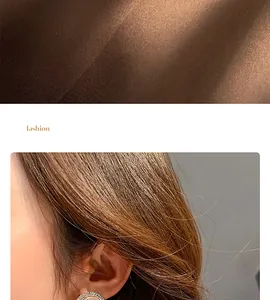 Detail view of luxury geometric stud earrings with micro-pave crystals worn on ear