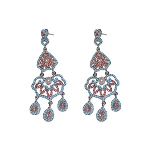 Boucles d'oreilles pendantes vintage en perles creuses avec pierres roses et bleues