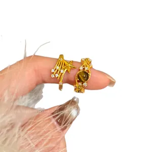 Vintage 18k gold plated star ring and tiger's eye stone finger ring with zircons