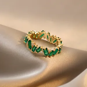 Vintage Palace Style Geometric Ring Gold Plated Green Zirconia Open Finger Ring For Women Exquisite Retro Jewelry Gift