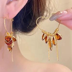 Vintage 18K Gold Plated Heart Hoop Earrings With Amber Glass Waterdrop Pendant Long Tassel Earrings For Women Retro Luxury Jewelry