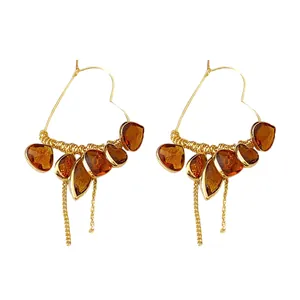 18K gold plated heart hoop earrings with amber teardrop stones and tassels