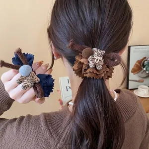 Women Fashion Sweet Flocked Bear Hair Rope Leopard Print Lace Trim Autumn Winter Hair Tie Sweet Hair Accessories