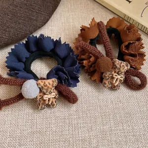 Stylish autumn winter fabric lace hair scrunchies with cute leopard print bear charms