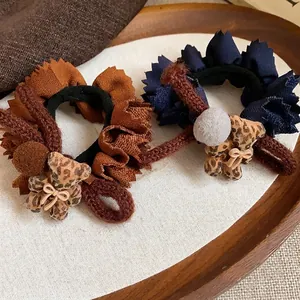 Autumn winter fabric lace scrunchies with leopard print bear charms for women