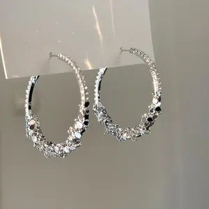 Alloy Round Rhinestone Hoop Earrings With 925 Sterling Silver Post Korean Style Cool Sweet Women Fashion Jewelry Silver