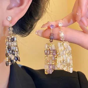 Orecchini Pendenti Quadrati Stile Corte Vintage Con Perno in Argento Sterling 925 Vetro Intarsiato di Strass Oro Viola