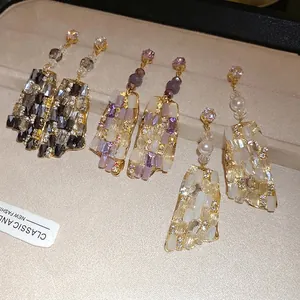 Orecchini a pendente quadrati in vetro e strass stile vintage con ago in argento S925