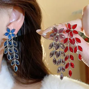 Elegant Flower Wheat Leaf Tassel Dangle Earrings For Women Silver Earring Post Glass Rhinestone Luxurious Jewelry Accessory