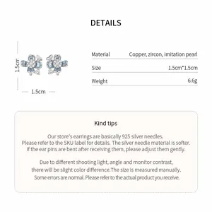 Detailed specifications of blue flower clip-on earrings with pearl and zircon details