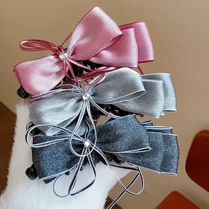 Elegant satin bow ribbon banana hair clips set in pink silver and black