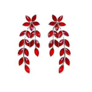 Elegant red crystal flower and leaf tassel drop earrings with sparkling glass stones