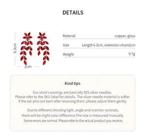 Detailed specifications for red flower leaf tassel earrings with material and size