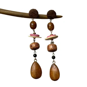 Vintage new Chinese style handmade wooden teardrop earrings with multi-colored beads