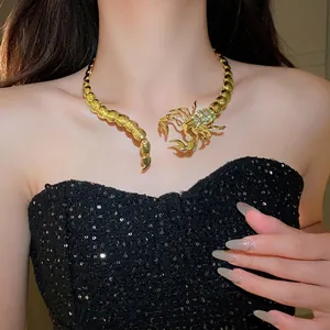 Exaggerated European Gold Plated Alloy Rhinestone Scorpion Open Necklace For Women Personalized Geometric Statement Jewelry