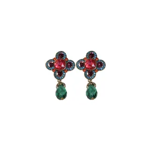Orecchini vintage stile corte con strass colorati e pendente a goccia d'acqua verde