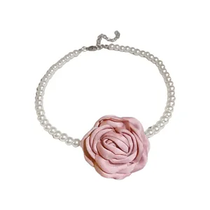 Elegant French style pink fabric flower pearl necklace choker jewelry gift for women