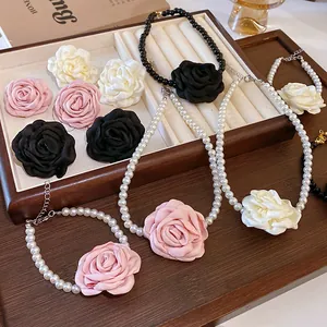 French style fabric rose and pearl jewelry set including necklace and bracelet for women