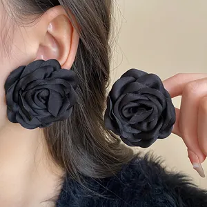 Elegant French style black fabric rose flower earrings for women fashion accessory detail