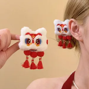Elegant red plush lion dance hair clip for Chinese New Year festive hair styling accessories
