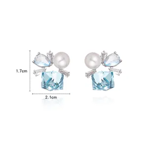Elegant zircon and pearl stud earrings featuring a blue square crystal centerpiece, 2.1cm x 1.7cm
