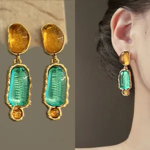 Vintage Resin Oval Pendant Earrings With 925 Sterling Silver Earring Post Alloy Amber Teal Geometric Earrings For Women Jewelry Gift