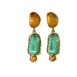 Elegant vintage-style turquoise and amber resin oval pendant earrings with gold trim