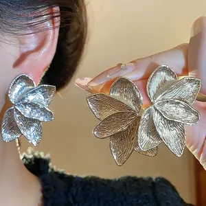 Large Multi-Layer Petal Texture Stud Earrings With 925 Sterling Silver Post Gold Silver Metal Flower Jewelry For Women