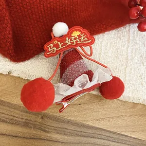 Festive red hair clip with lucky embroidery and lace for New Year