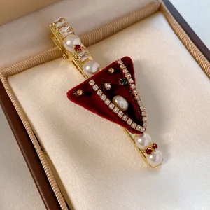 Exquisite red flocked hair clip with pearls and rhinestones for New Year