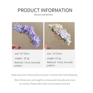 Product specs for elegant floral fabric hairpins including size and weight details