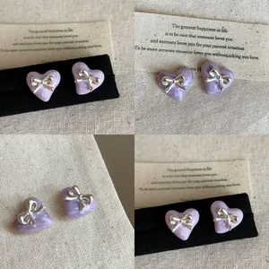 Lila Herz Marmor Ohrstecker Mit Schleife Kupfer Vergoldet Damen Mode Schmuck Silber Ohrringpfosten Herzmuster