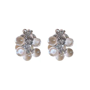 Elegant silver needle crystal grape cluster tassel stud earrings for modern women