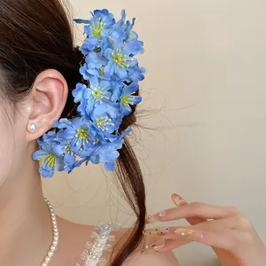 Elegant blue fabric flower hairpins for women in forest style sweet floral hair clip