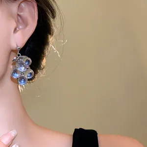 Detail view of crystal grape earrings featuring clear spherical beads on a silver needle