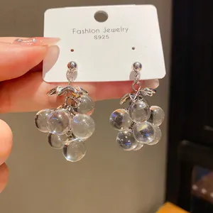 Close-up of elegant clear crystal grape cluster earrings on a silver s925 needle stud